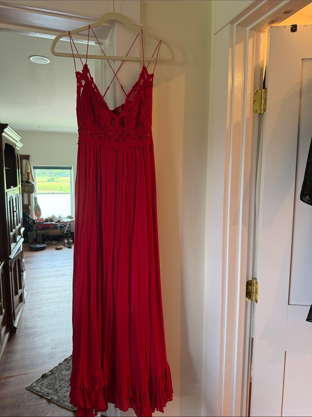 Free People Crimson Lace Bodice Maxi Dress with Spaghetti Straps